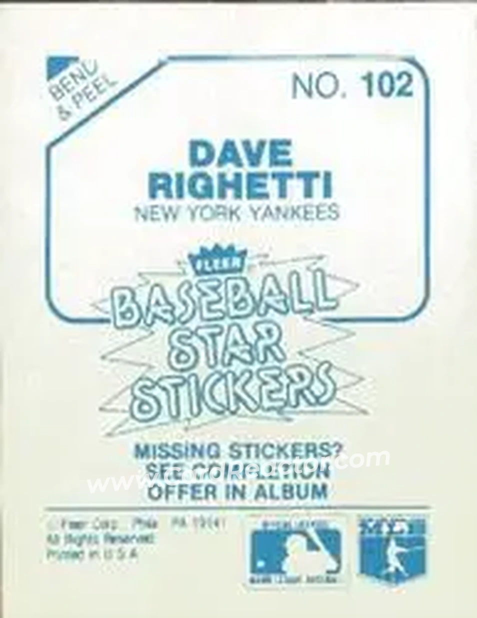 1985 Fleer Star Stickers #102 - Dave Righetti - New York Yankees - Back