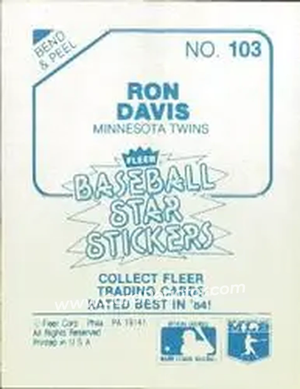 1985 Fleer Star Stickers #103 - Ron Davis - Minnesota Twins - Back
