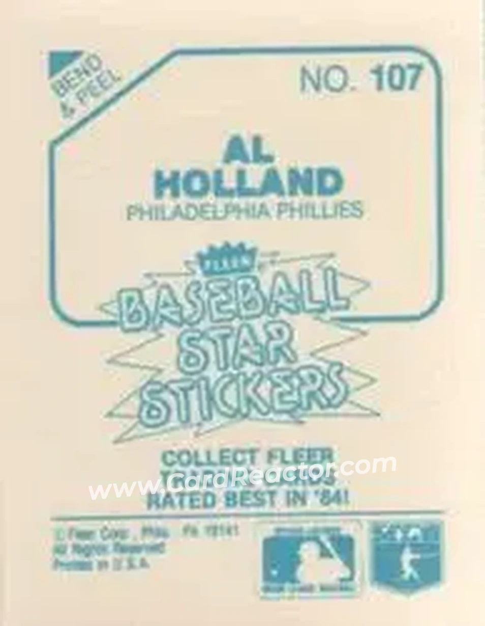 1985 Fleer Star Stickers #107 - Al Holland - Philadelphia Phillies - Back