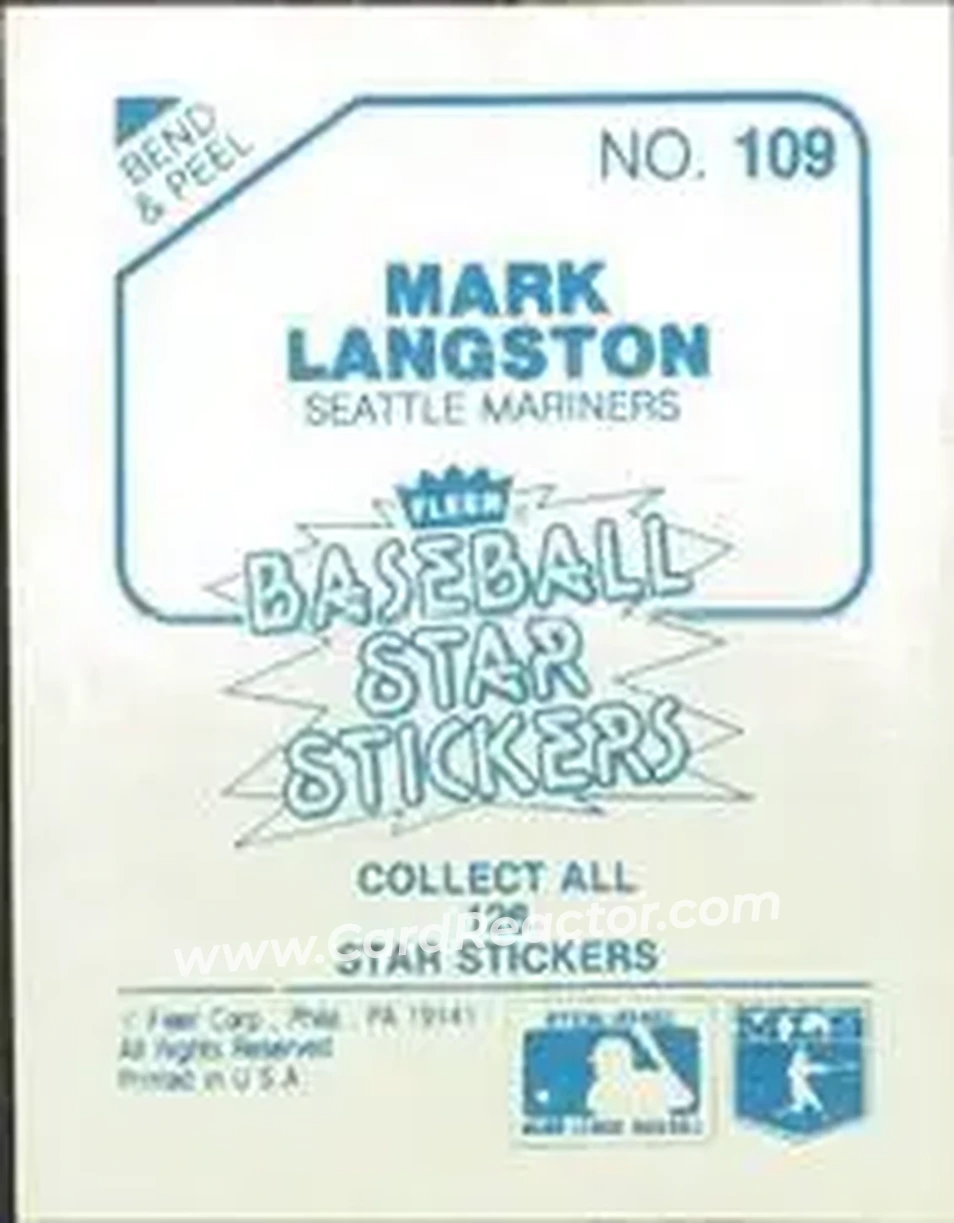 1985 Fleer Star Stickers #109 - Mark Langston - Seattle Mariners - Back 1985 Fleer Star Stickers #109 - Mark Langston - Seattle Mariners - Back