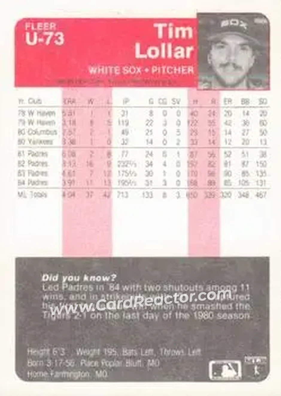 1985 Fleer Update #U-73 - Tim Lollar - Chicago White Sox - Back