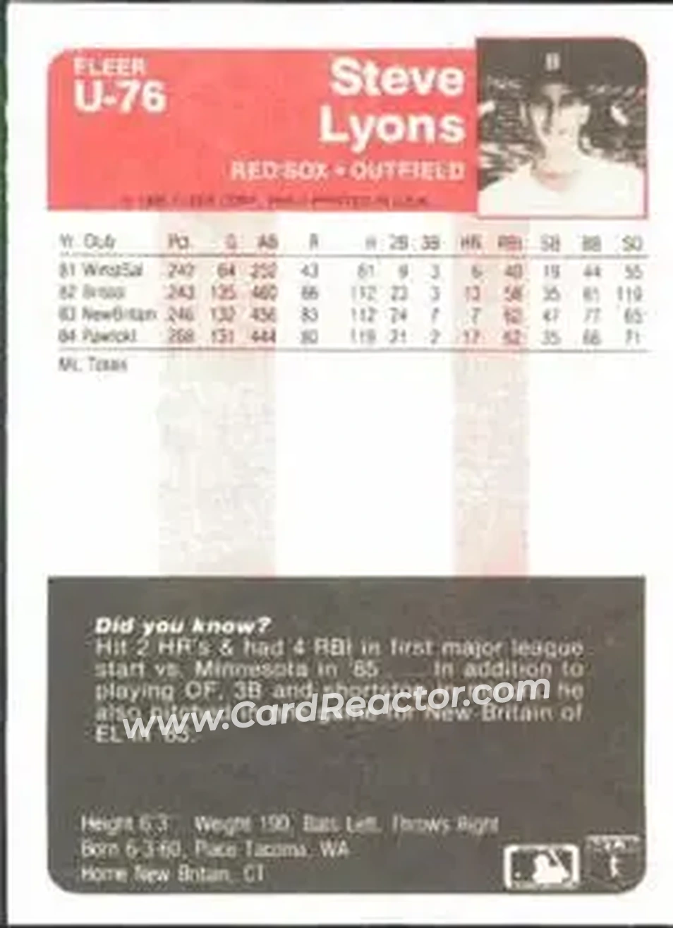 1985 Fleer Update #U-76 - Steve Lyons - Boston Red Sox - Back