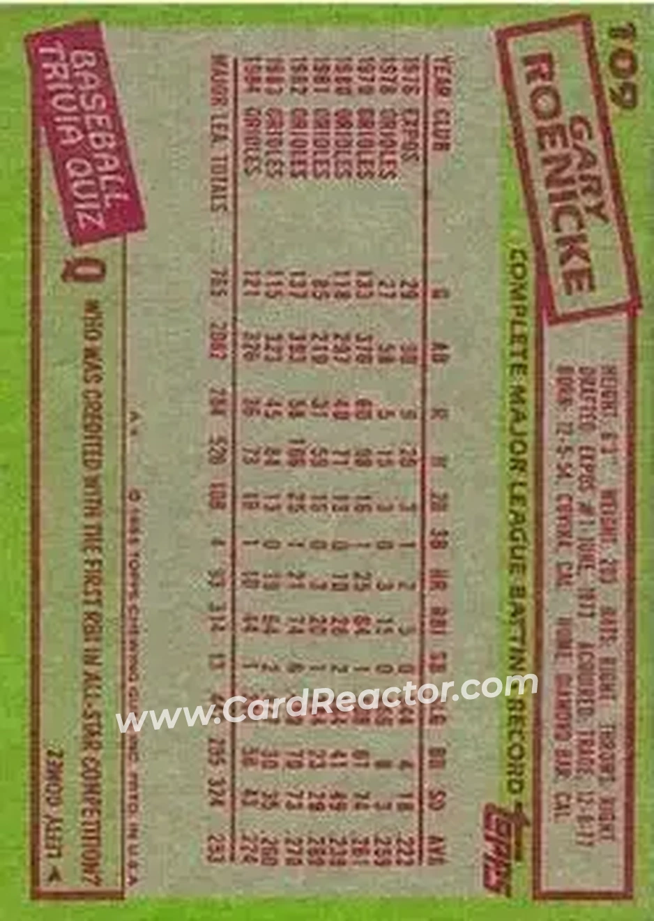1985 Topps #109 - Gary Roenicke - Baltimore Orioles - Back