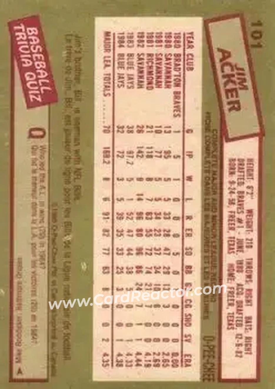 1985 O-Pee-Chee #101 - Jim Acker - Toronto Blue Jays - Back