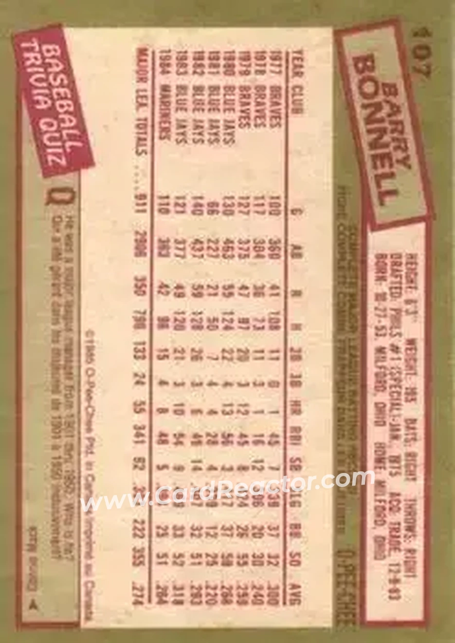 1985 O-Pee-Chee #107 - Barry Bonnell - Seattle Mariners - Back 1985 O-Pee-Chee #107 - Barry Bonnell - Seattle Mariners - Back