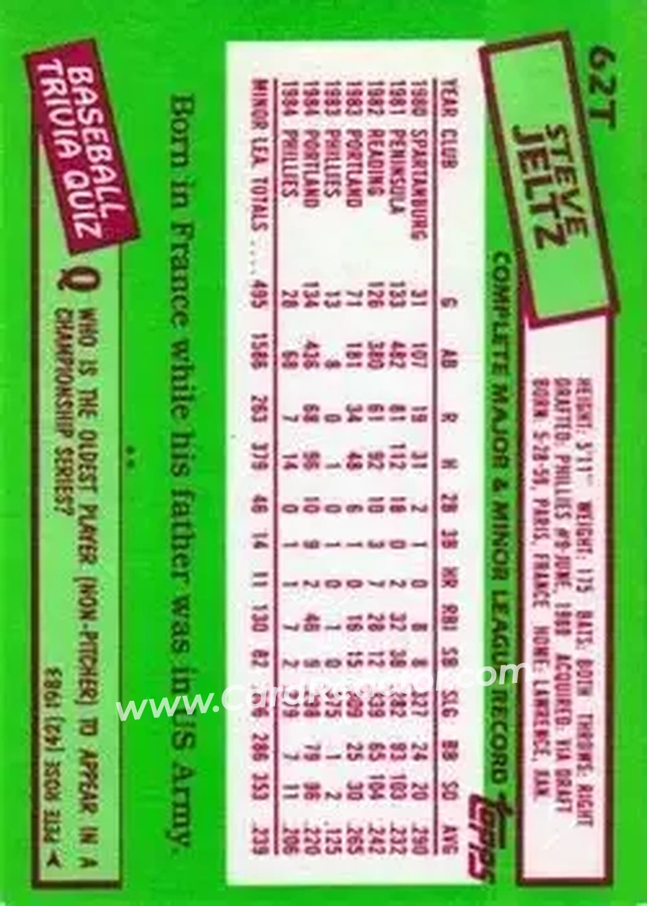 1985 Topps Traded #62T - Steve Jeltz - Philadelphia Phillies - Back