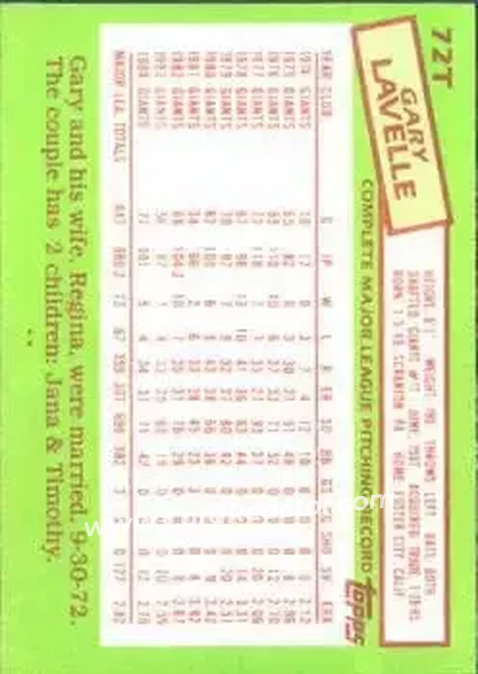 1985 Topps Traded #72T - Gary Lavelle - Toronto Blue Jays - Back 1985 Topps Traded #72T - Gary Lavelle - Toronto Blue Jays - Back