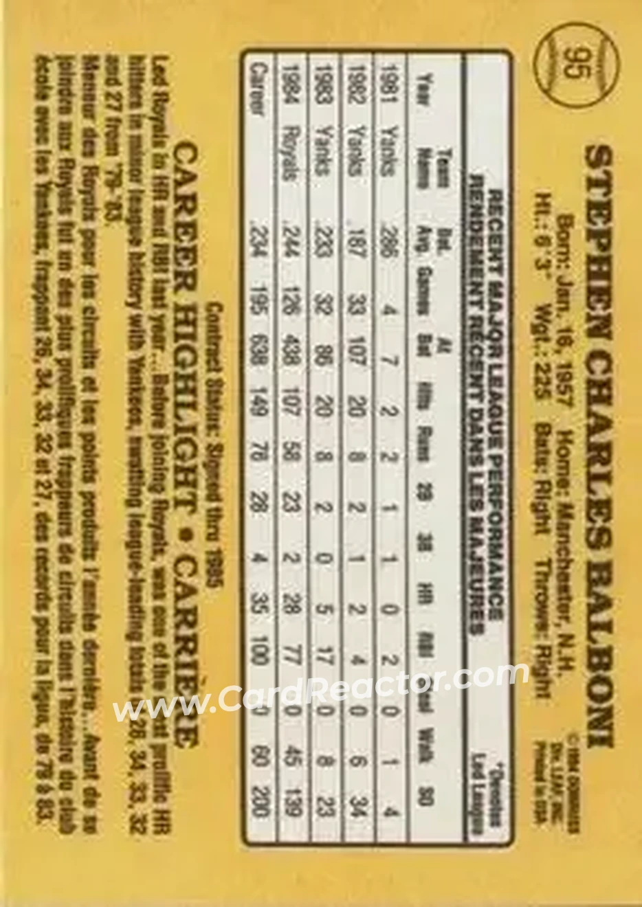 1985 Leaf #95 - Steve Balboni - Kansas City Royals - Back