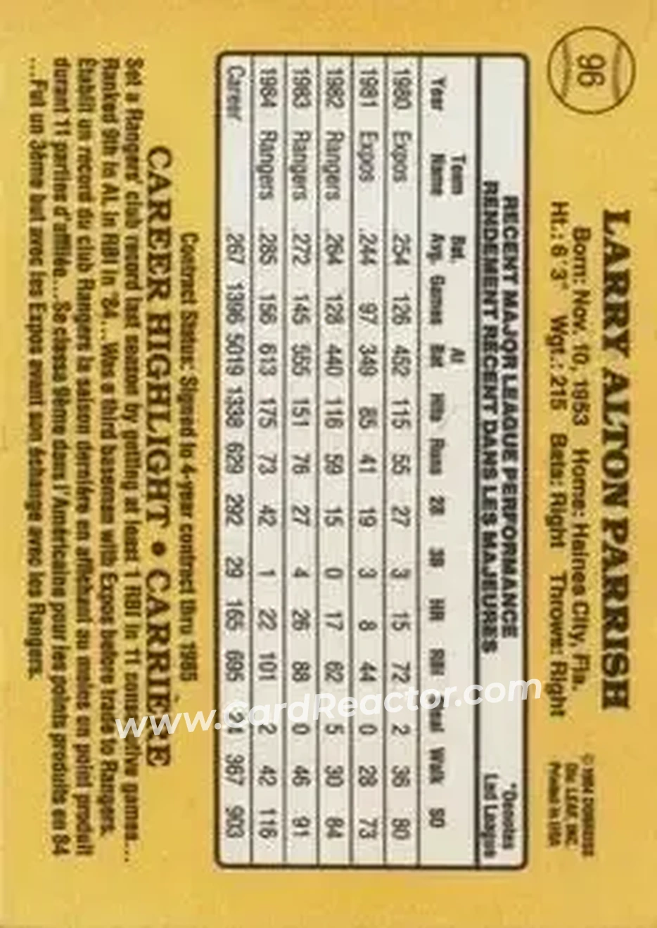 1985 Leaf #96 - Larry Parrish - Texas Rangers - Back