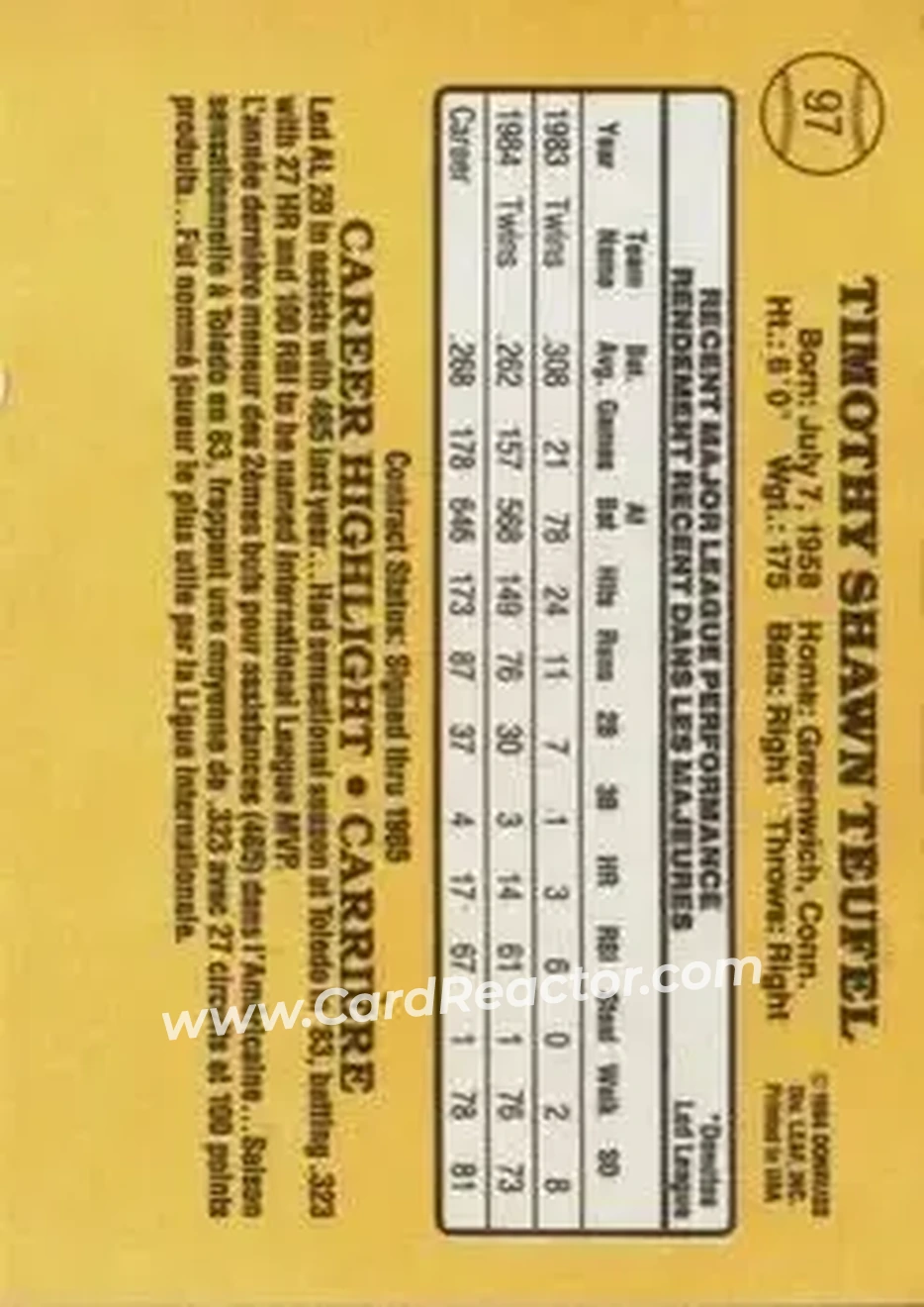 1985 Leaf #97 - Tim Teufel - Minnesota Twins - Back