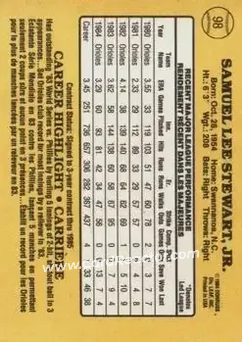 1985 Leaf #98 - Sammy Stewart - Baltimore Orioles - Back