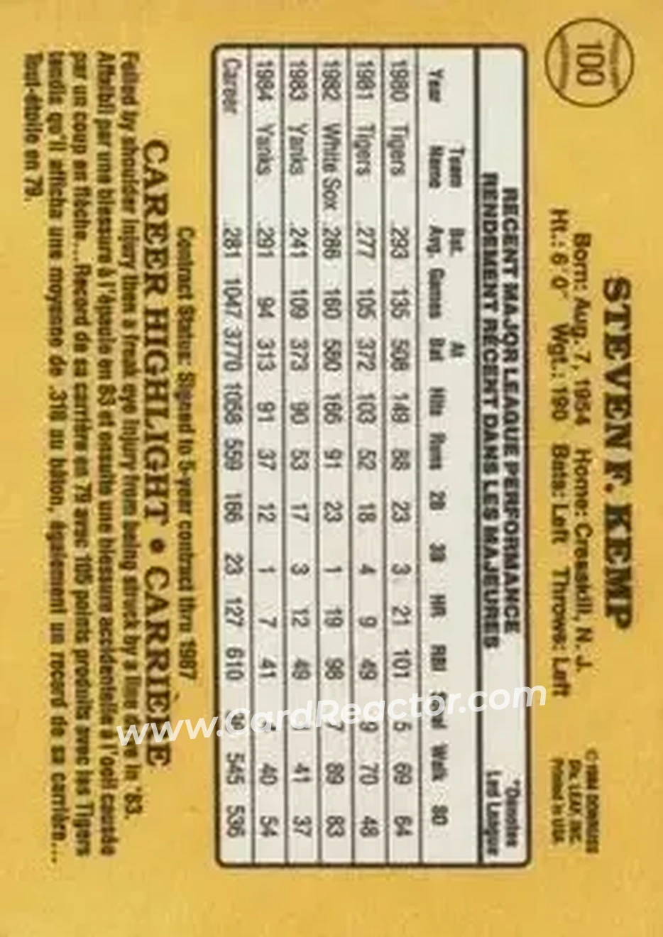 1985 Leaf #100 - Steve Kemp - New York Yankees - Back