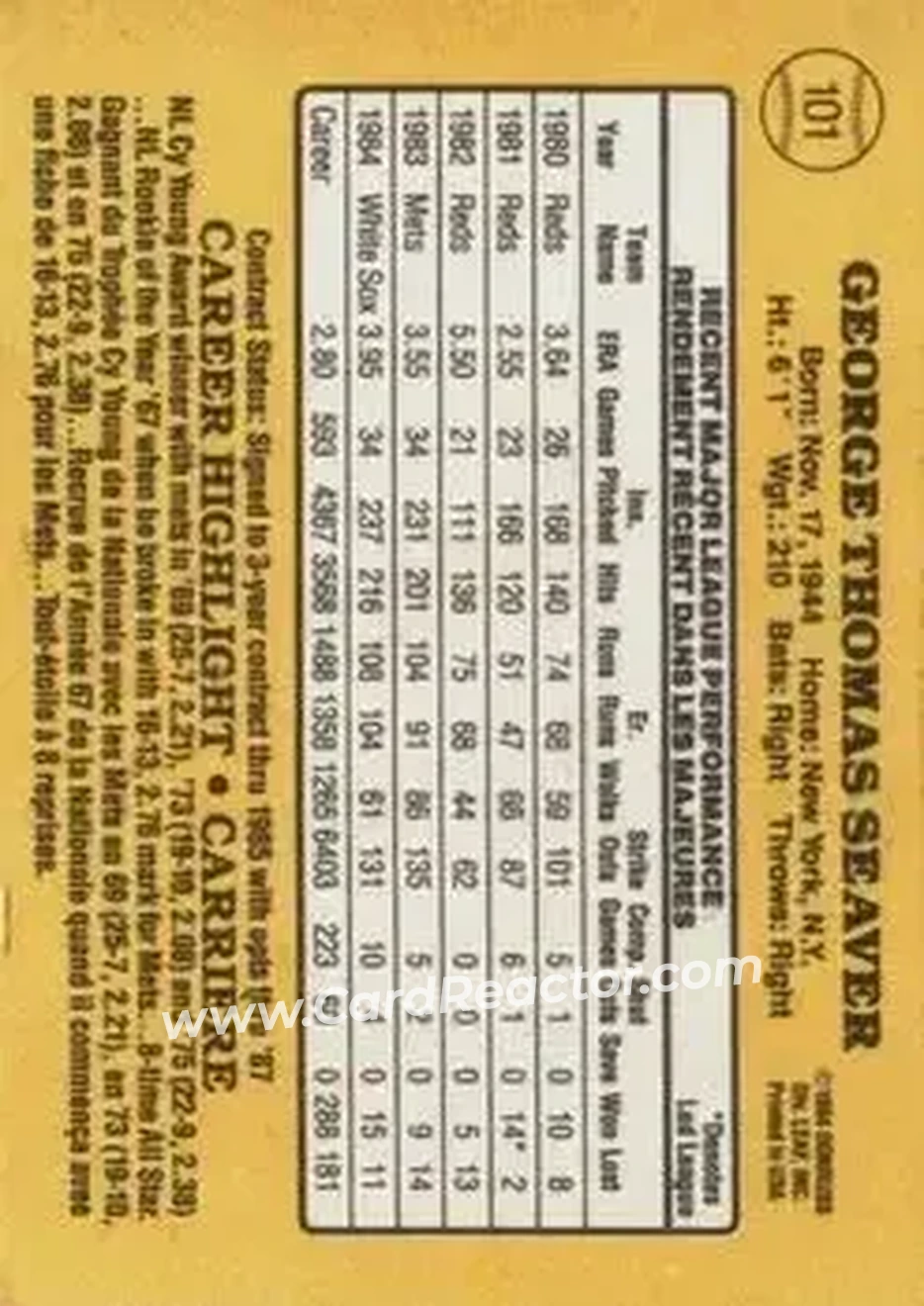 1985 Leaf #101 - Tom Seaver - Chicago White Sox - Back