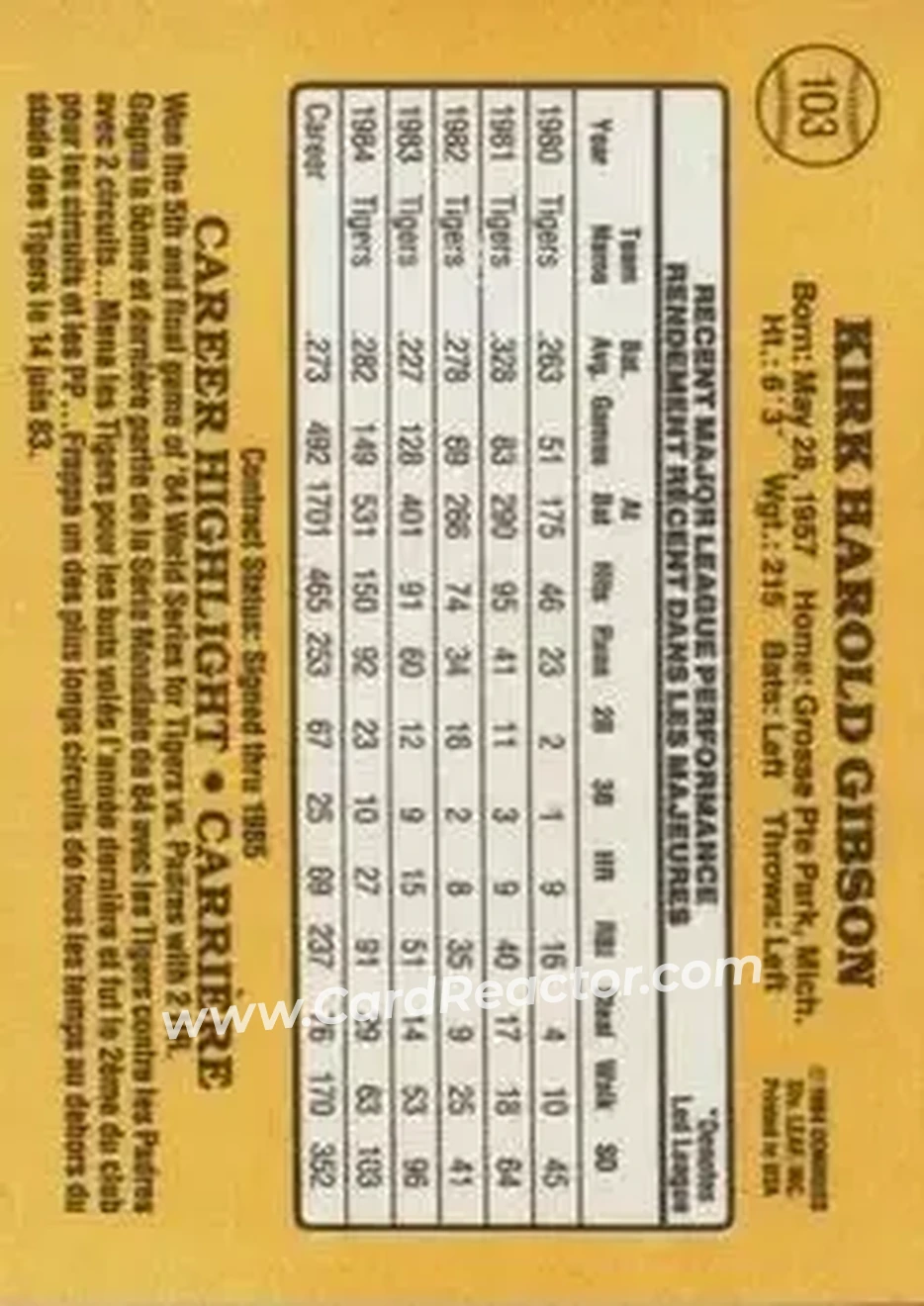 1985 Leaf #103 - Kirk Gibson - Detroit Tigers - Back