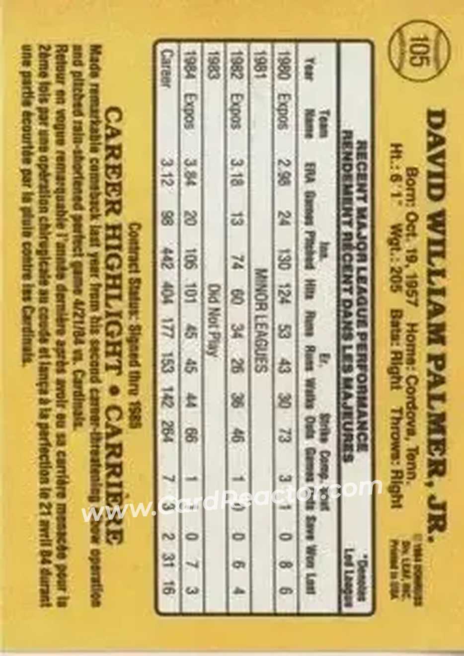 1985 Leaf #105 - Dave Palmer - Montreal Expos - Back