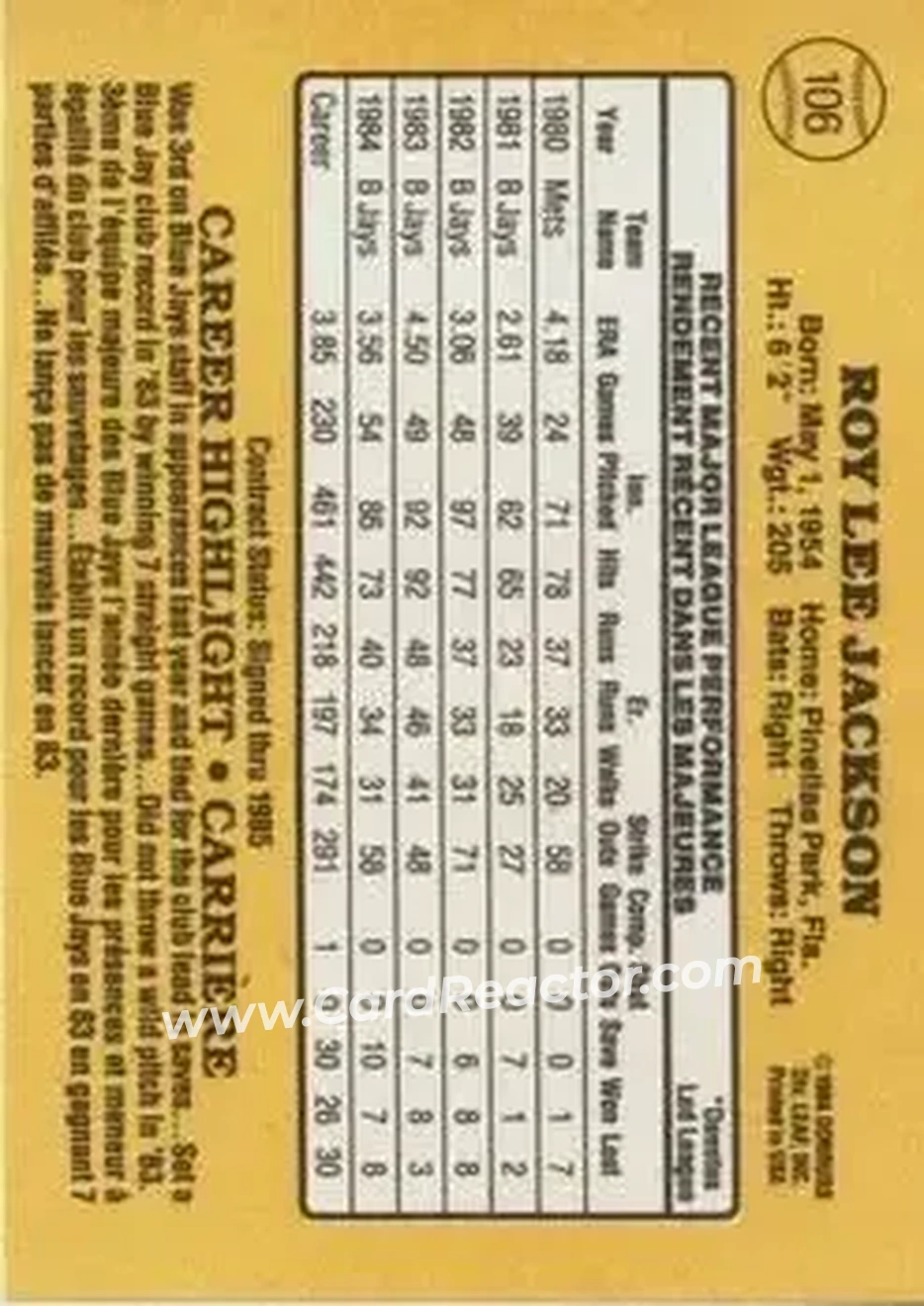 1985 Leaf #106 - Roy Lee Jackson - Toronto Blue Jays - Back