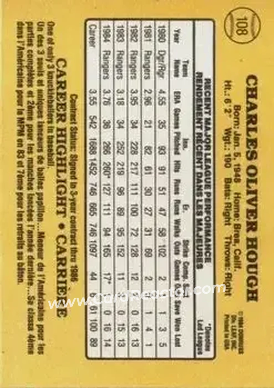 1985 Leaf #108 - Charlie Hough - Texas Rangers - Back