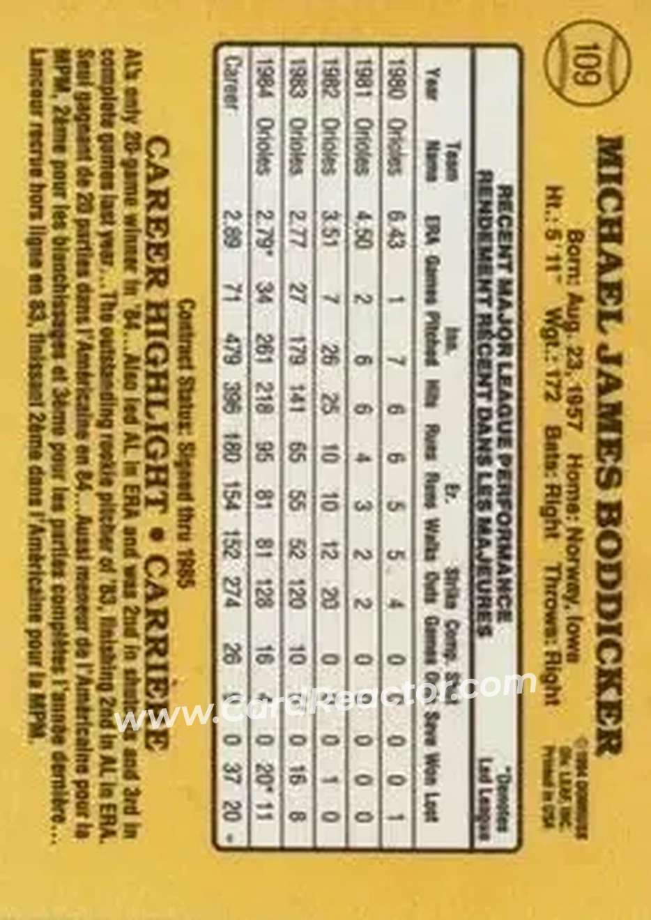 1985 Leaf #109 - Mike Boddicker - Baltimore Orioles - Back