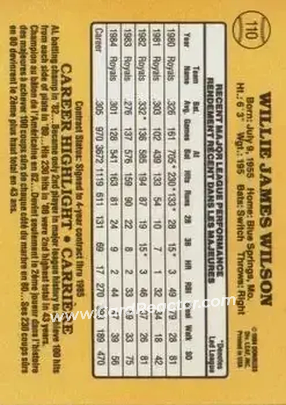 1985 Leaf #110 - Willie Wilson - Kansas City Royals - Back