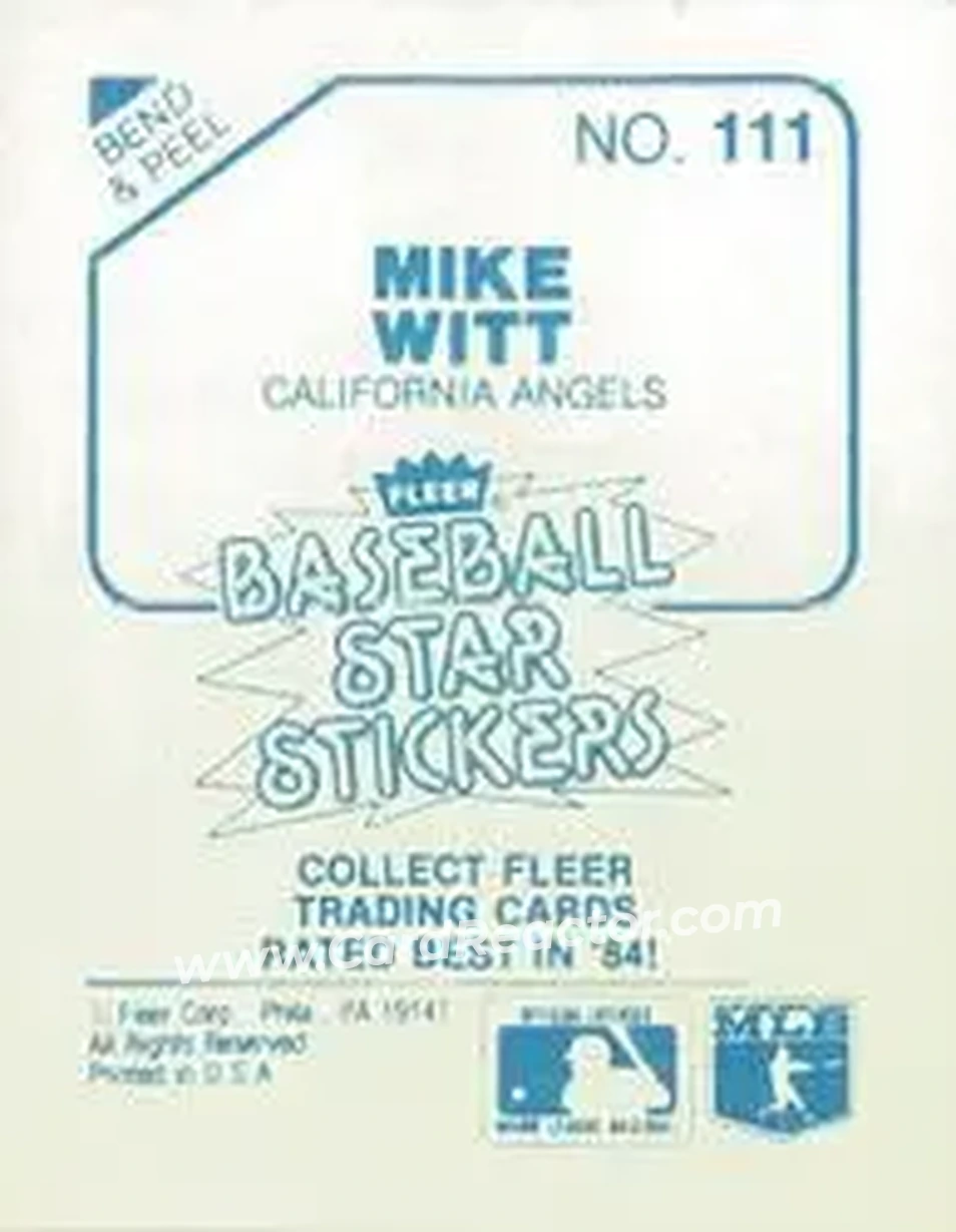 1985 Fleer Star Stickers #111 - Mike Witt - California Angels - Back