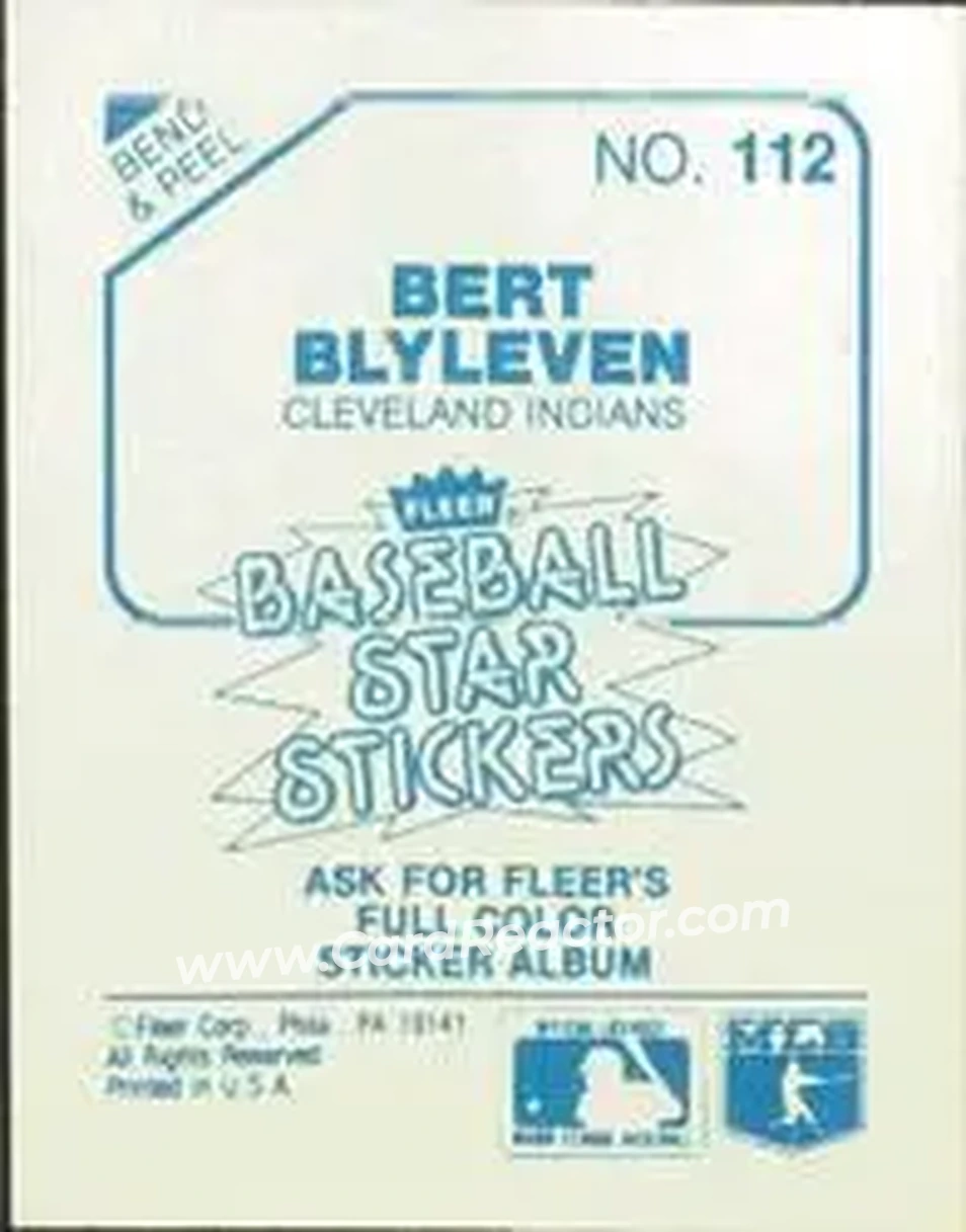 1985 Fleer Star Stickers #112 - Bert Blyleven - Cleveland Indians - Back 1985 Fleer Star Stickers #112 - Bert Blyleven - Cleveland Indians - Back