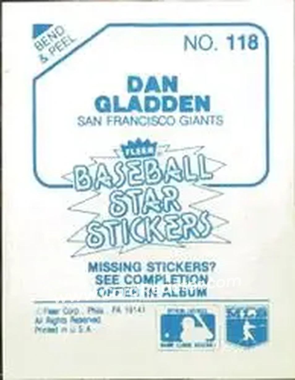 1985 Fleer Star Stickers #118 - Dan Gladden - San Francisco Giants - Back