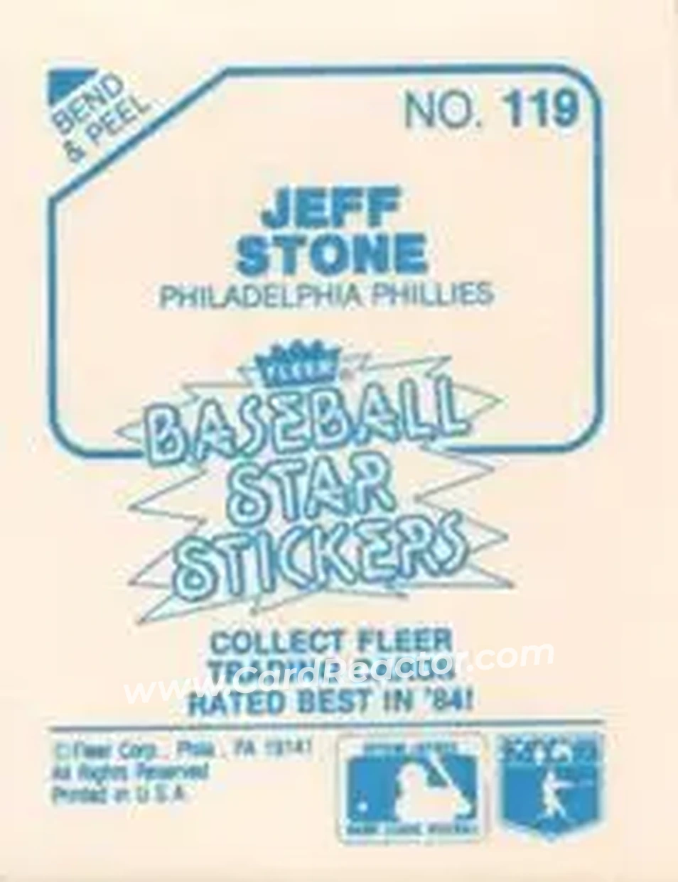 1985 Fleer Star Stickers #119 - Jeff Stone - Philadelphia Phillies - Back