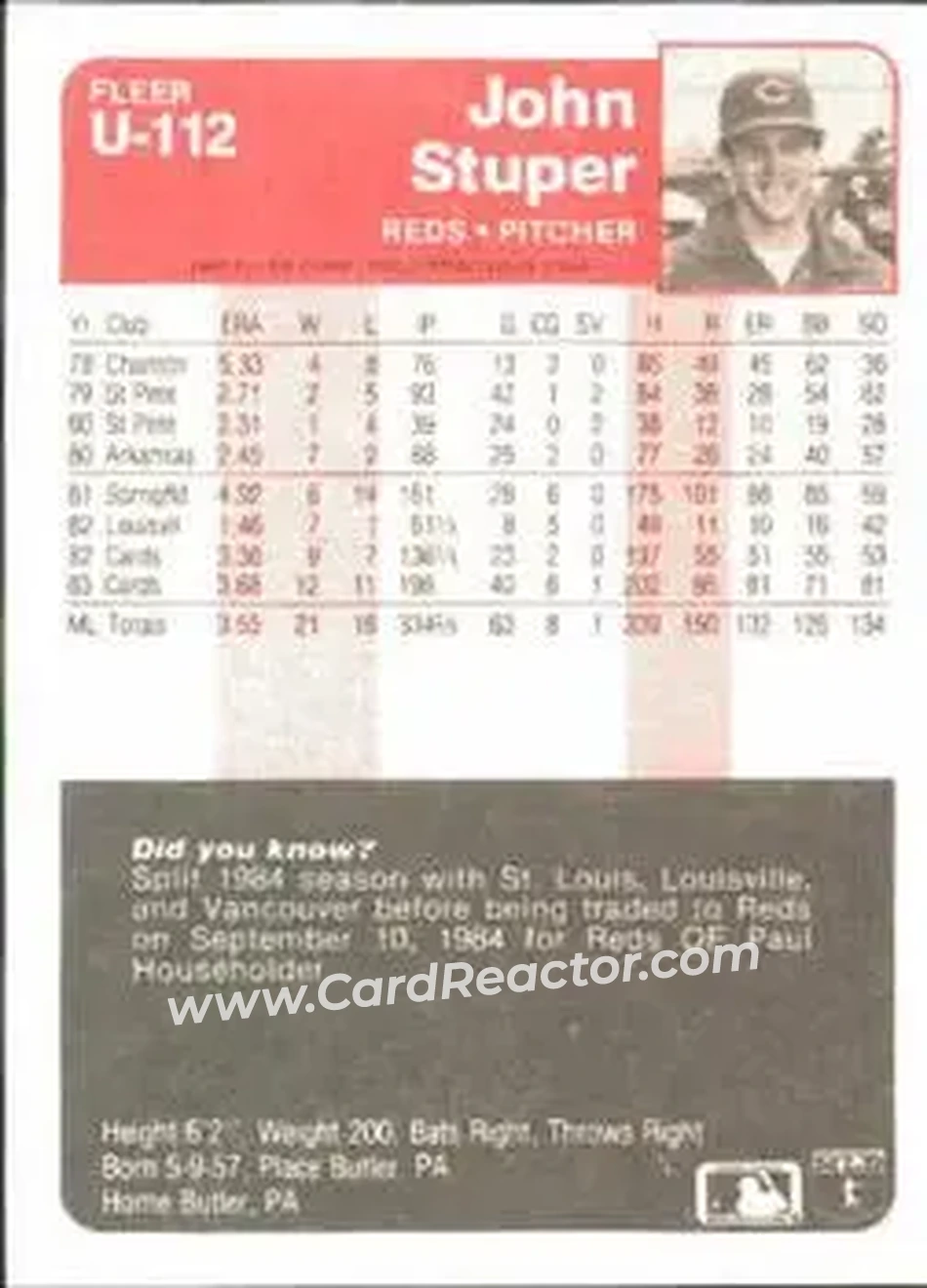 1985 Fleer Update #U-112 - John Stuper - Cincinnati Reds - Back