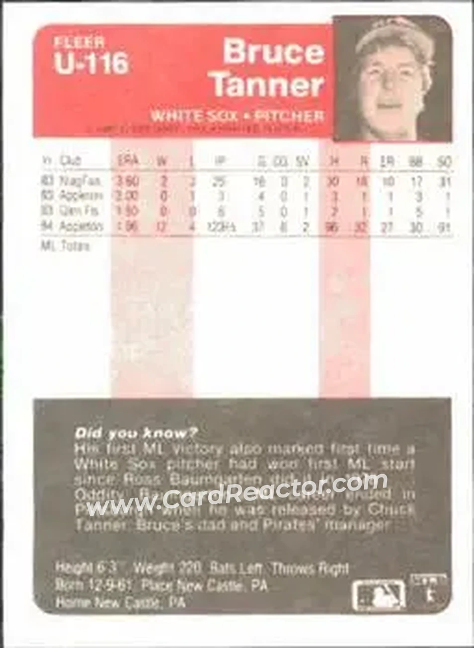 1985 Fleer Update #U-116 - Bruce Tanner - Chicago White Sox - Back 1985 Fleer Update #U-116 - Bruce Tanner - Chicago White Sox - Back