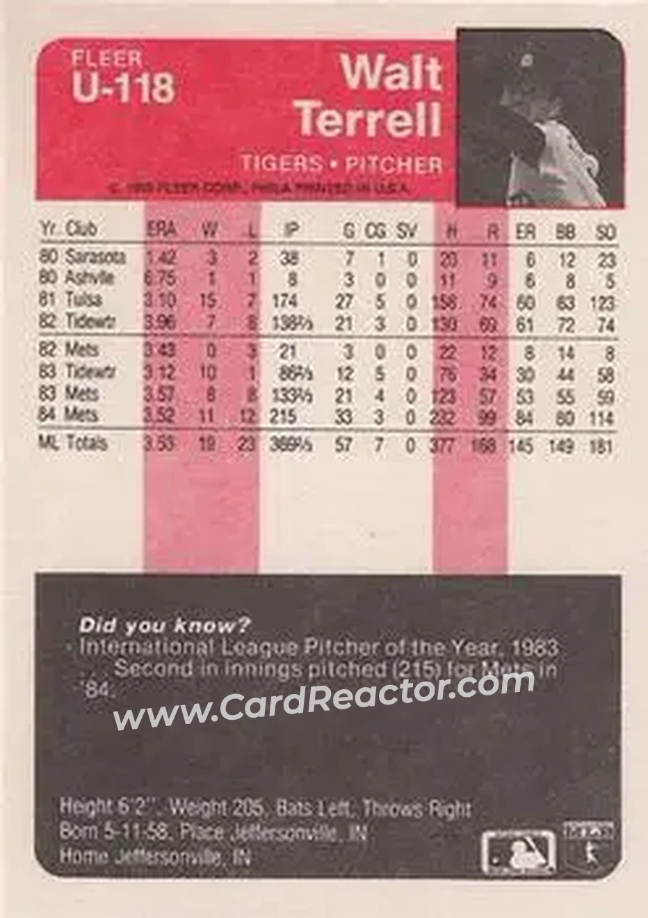 1985 Fleer Update #U-118 - Walt Terrell - Detroit Tigers - Back 1985 Fleer Update #U-118 - Walt Terrell - Detroit Tigers - Back