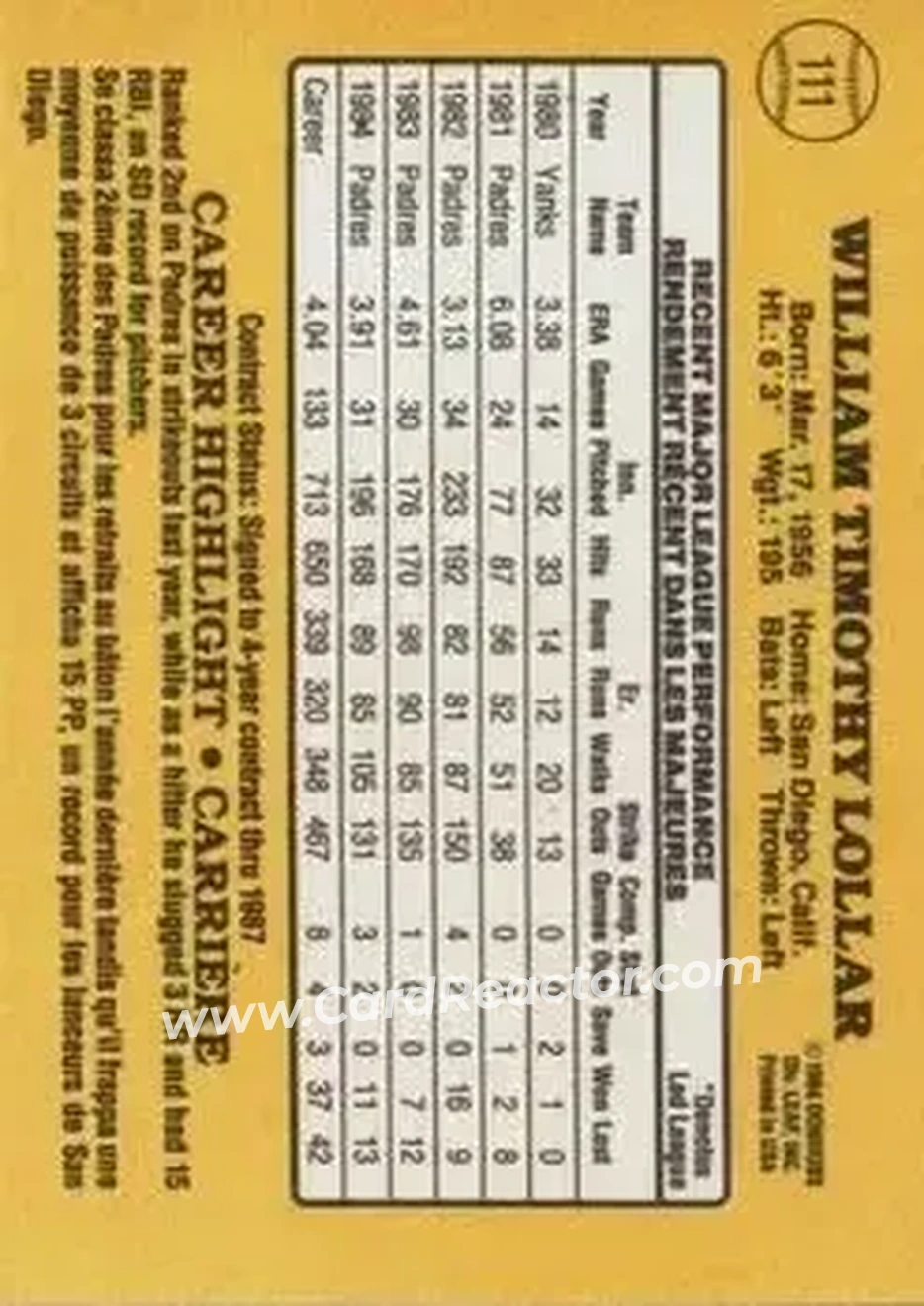 1985 Leaf #111 - Tim Lollar - San Diego Padres - Back