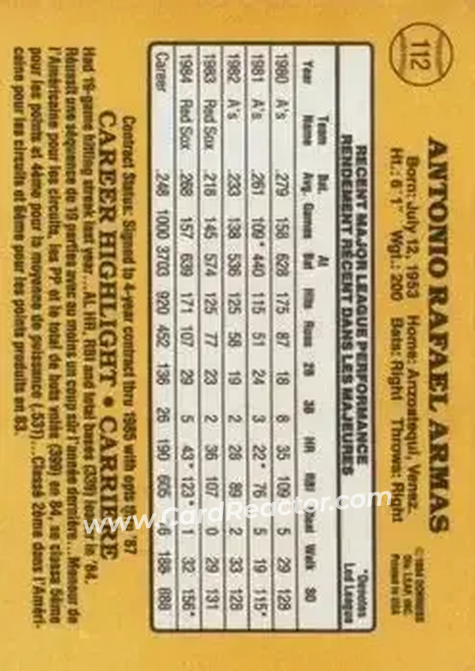 1985 Leaf #112 - Tony Armas - Boston Red Sox - Back