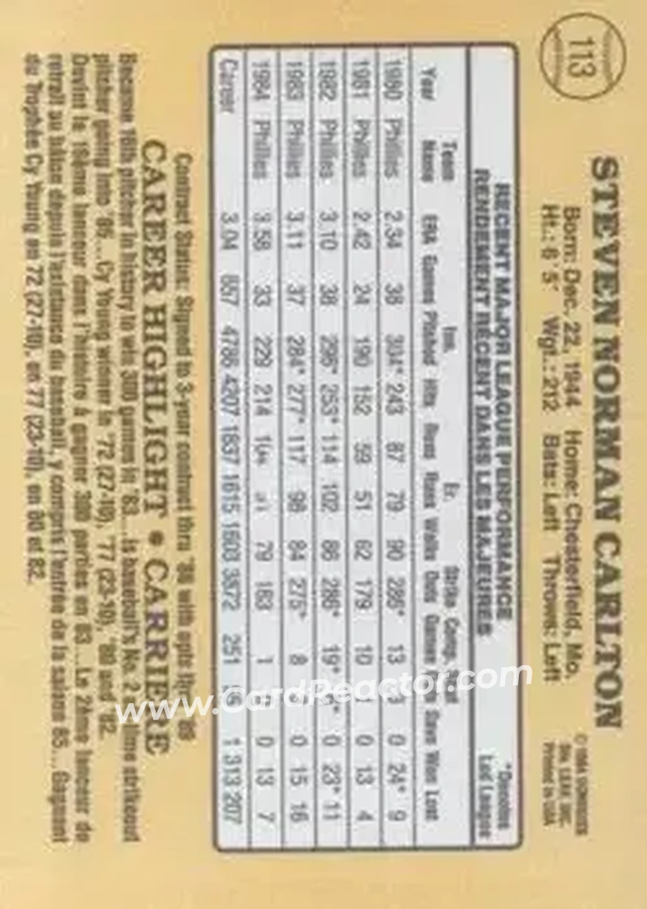 1985 Leaf #113 - Steve Carlton - Philadelphia Phillies - Back
