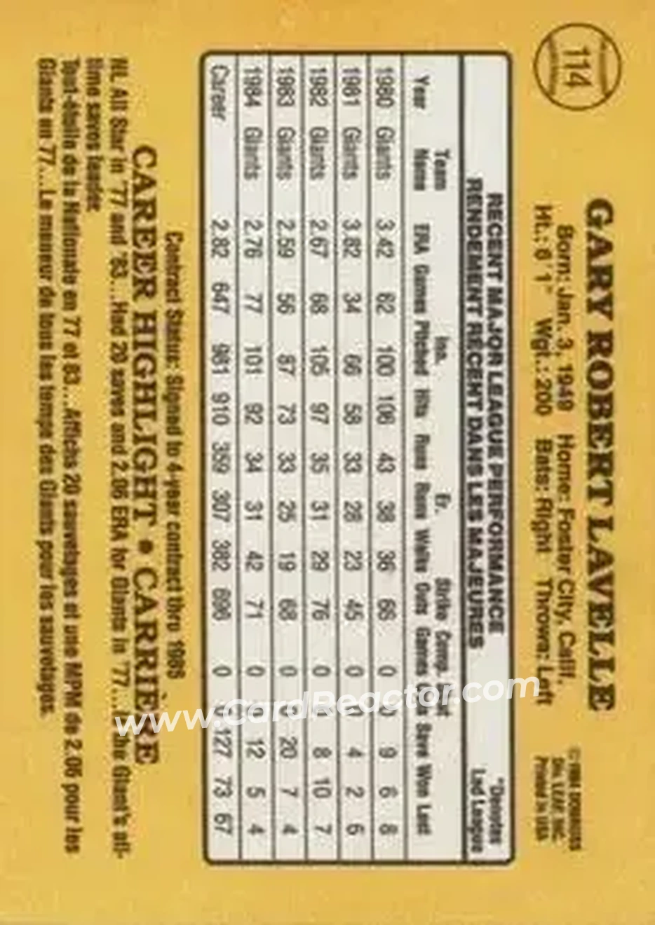 1985 Leaf #114 - Gary Lavelle - San Francisco Giants - Back