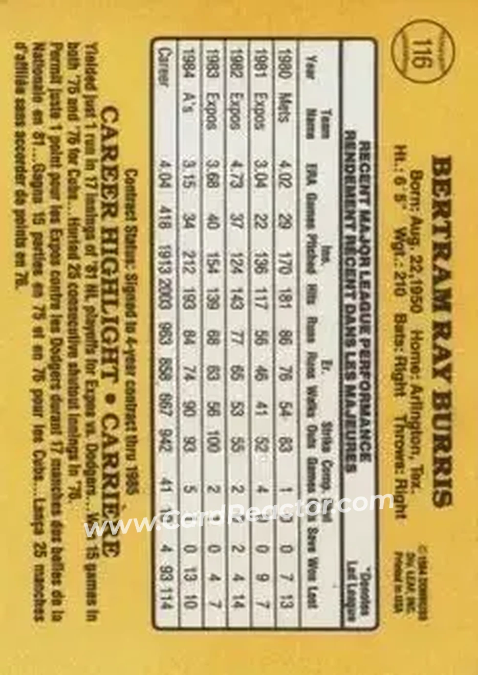 1985 Leaf #116 - Ray Burris - Oakland Athletics - Back