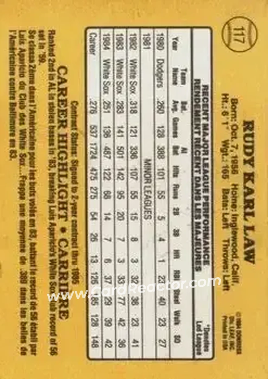 1985 Leaf #117 - Rudy Law - Chicago White Sox - Back 1985 Leaf #117 - Rudy Law - Chicago White Sox - Back