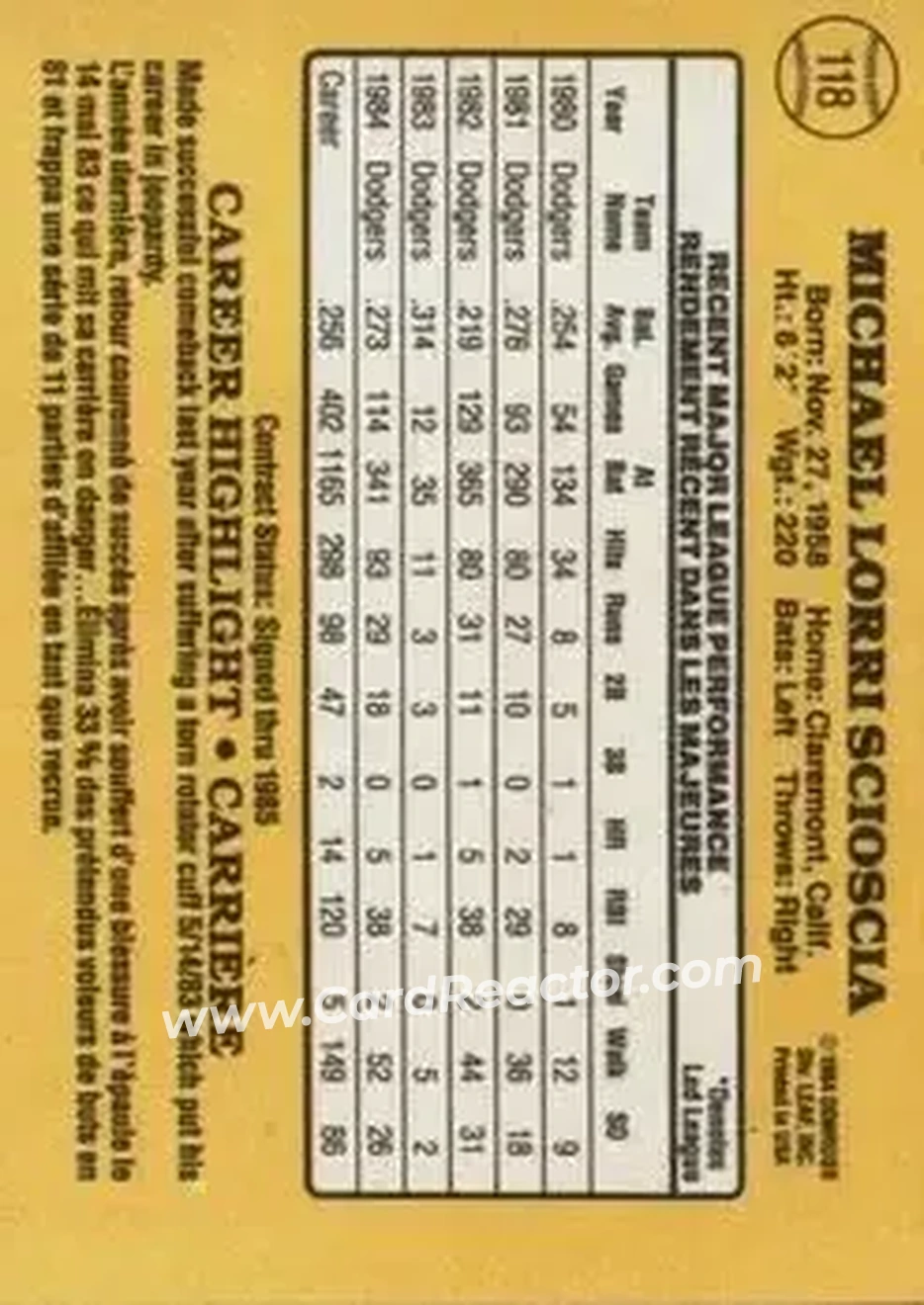 1985 Leaf #118 - Mike Scioscia - Los Angeles Dodgers - Back