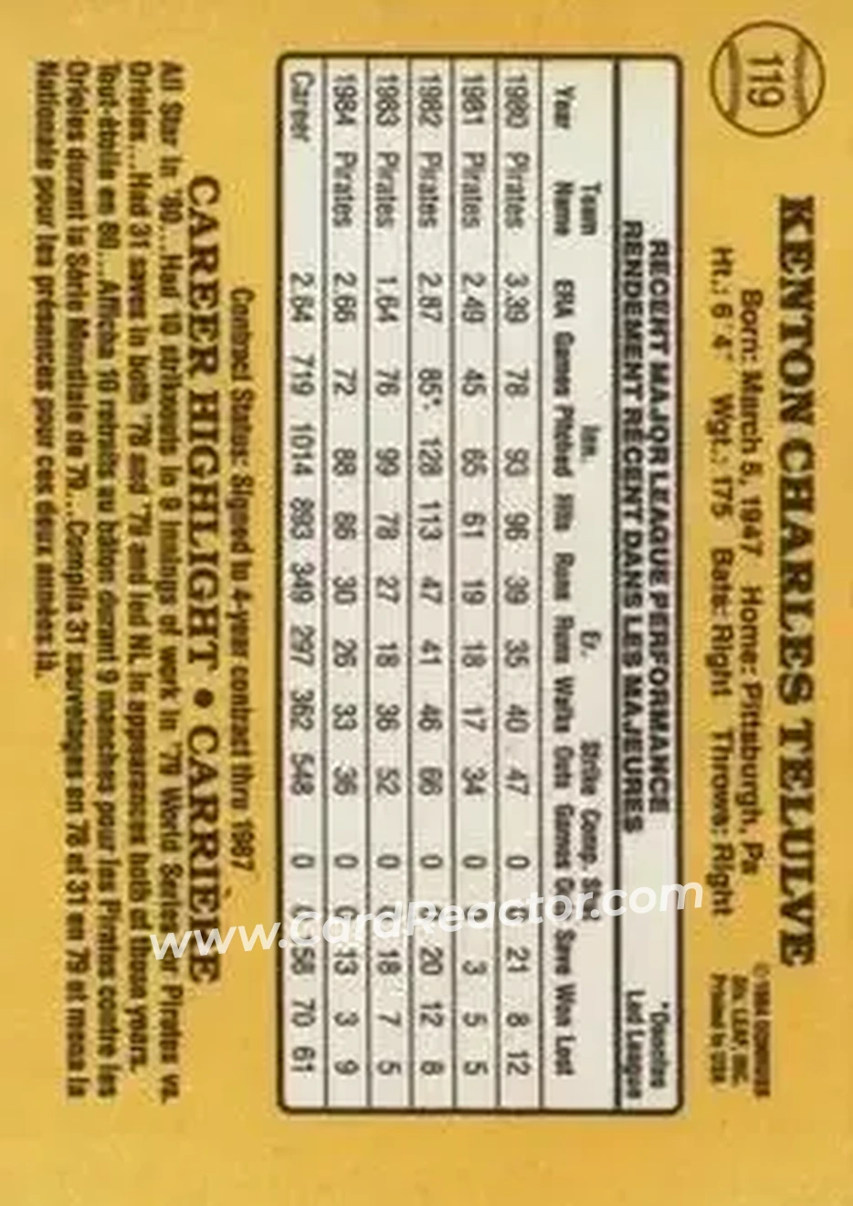 1985 Leaf #119 - Kent Tekulve - Pittsburgh Pirates - Back