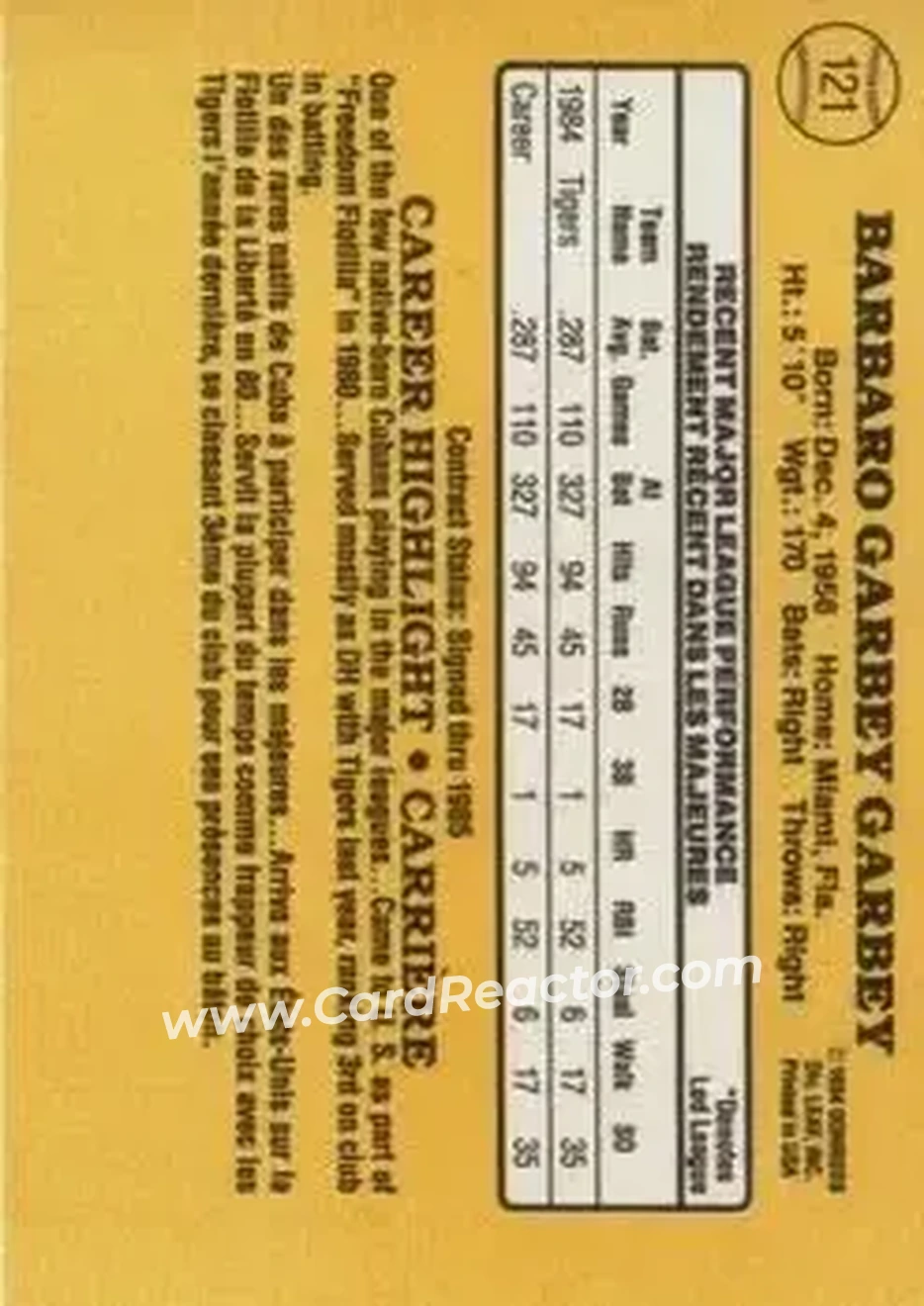 1985 Leaf #121 - Barbaro Garbey - Detroit Tigers - Back