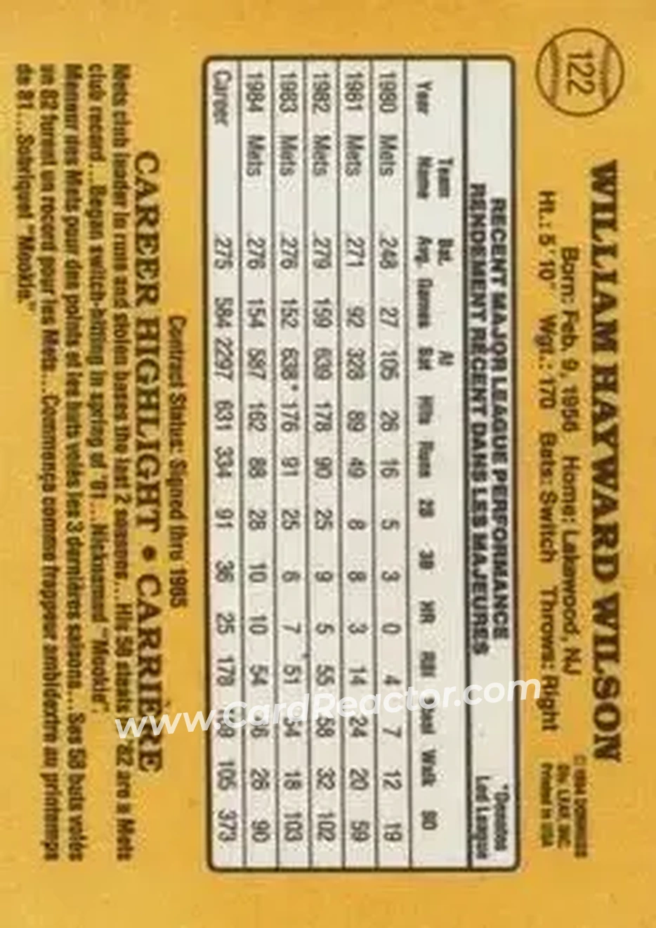 1985 Leaf #122 - Mookie Wilson - New York Mets - Back