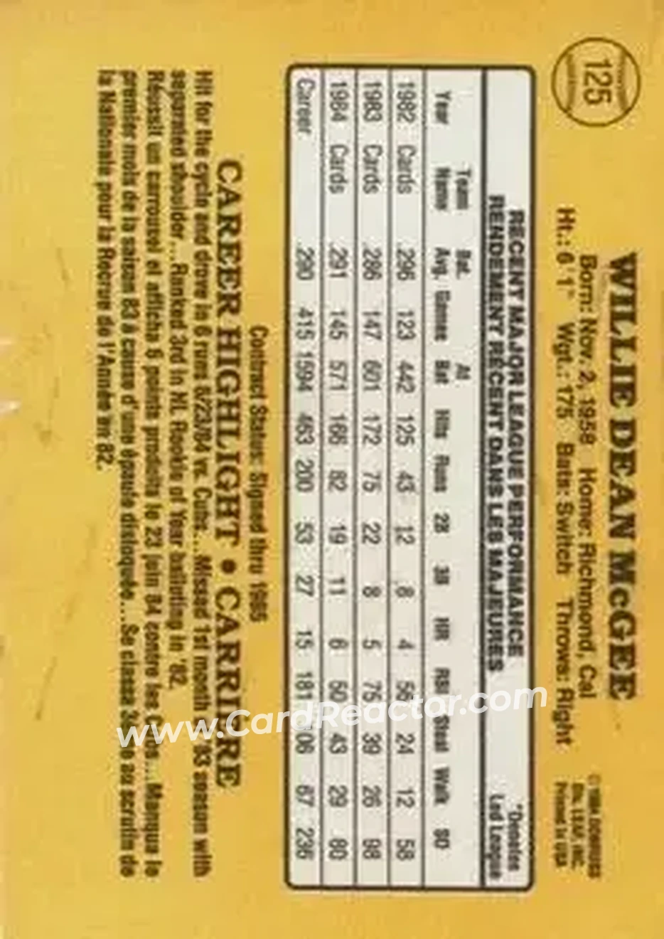 1985 Leaf #125 - Willie McGee - St. Louis Cardinals - Back