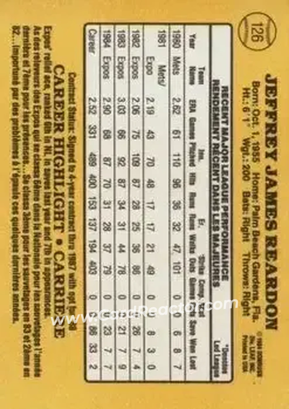 1985 Leaf #126 - Jeff Reardon - Montreal Expos - Back
