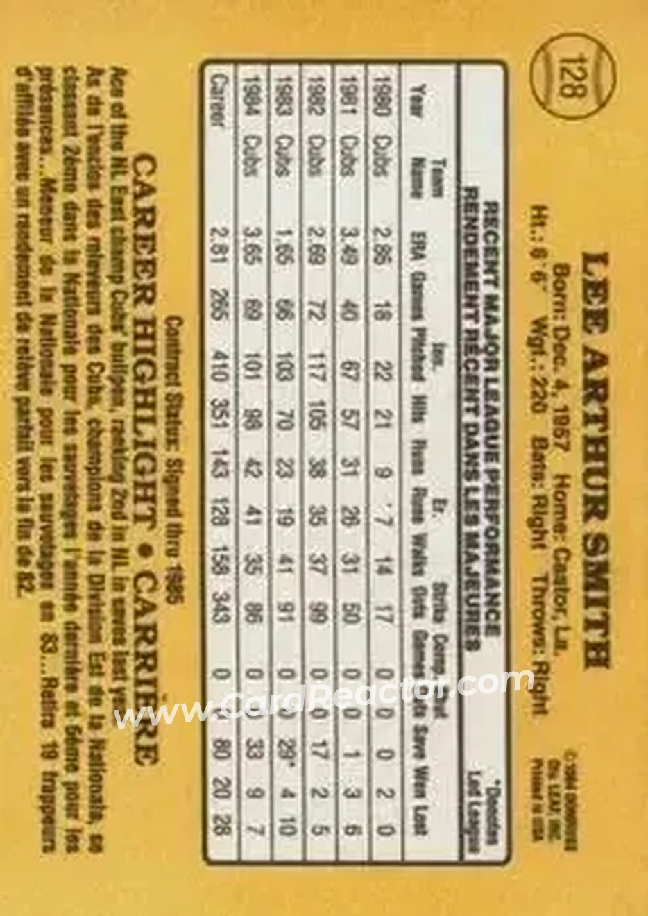 1985 Leaf #128 - Lee Smith - Chicago Cubs - Back