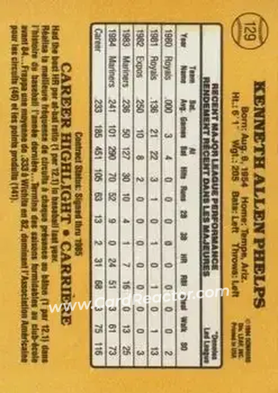 1985 Leaf #129 - Ken Phelps - Seattle Mariners - Back