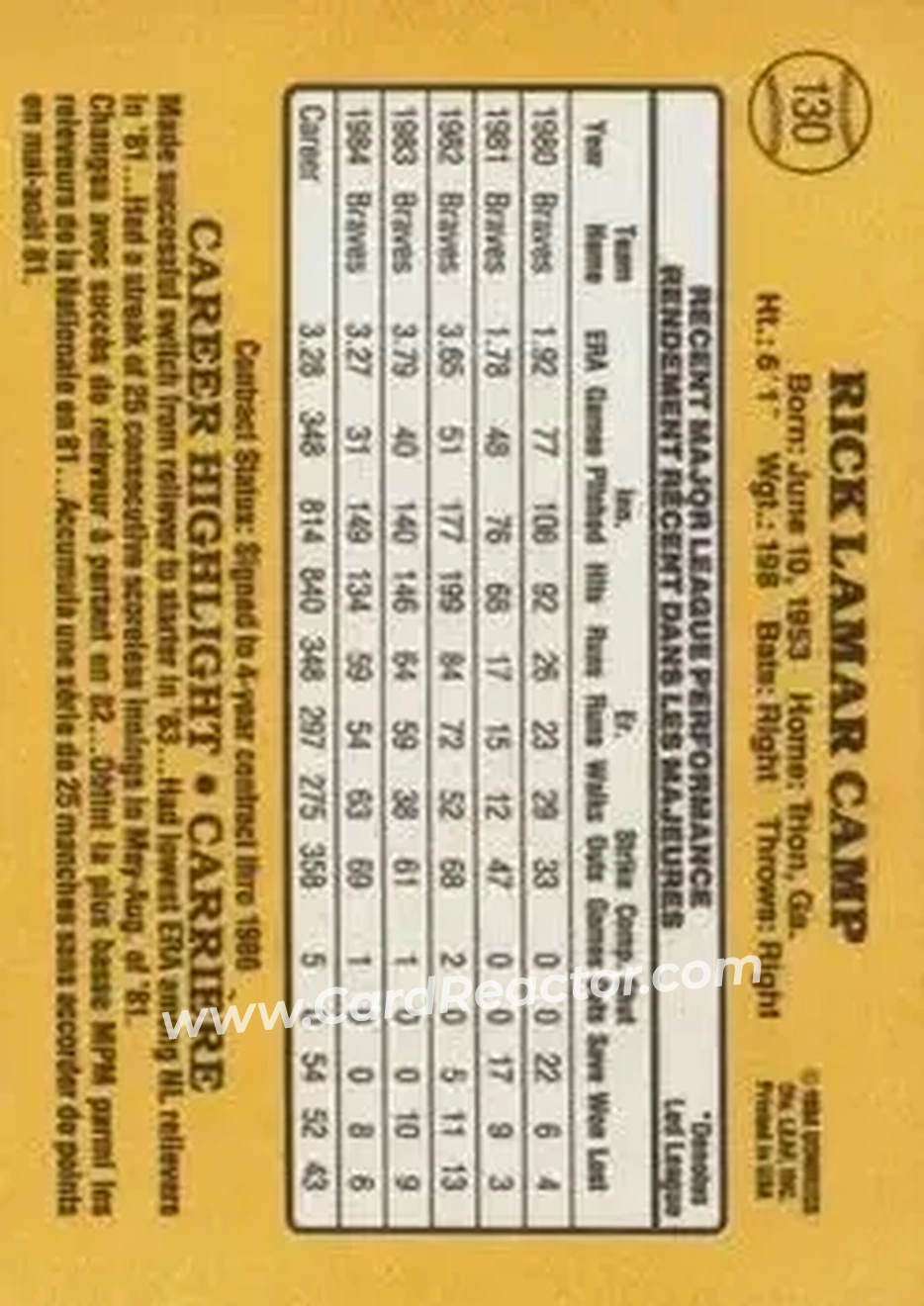 1985 Leaf #130 - Rick Camp - Atlanta Braves - Back