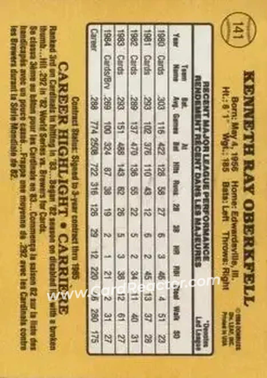 1985 Leaf #141 - Ken Oberkfell - Atlanta Braves - Back
