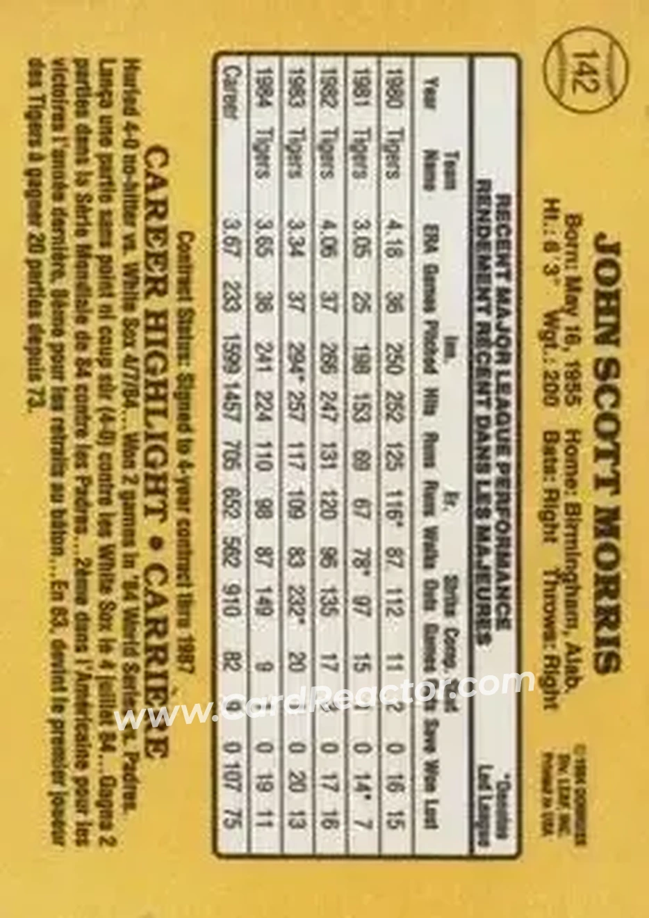 1985 Leaf #142 - Jack Morris - Detroit Tigers - Back