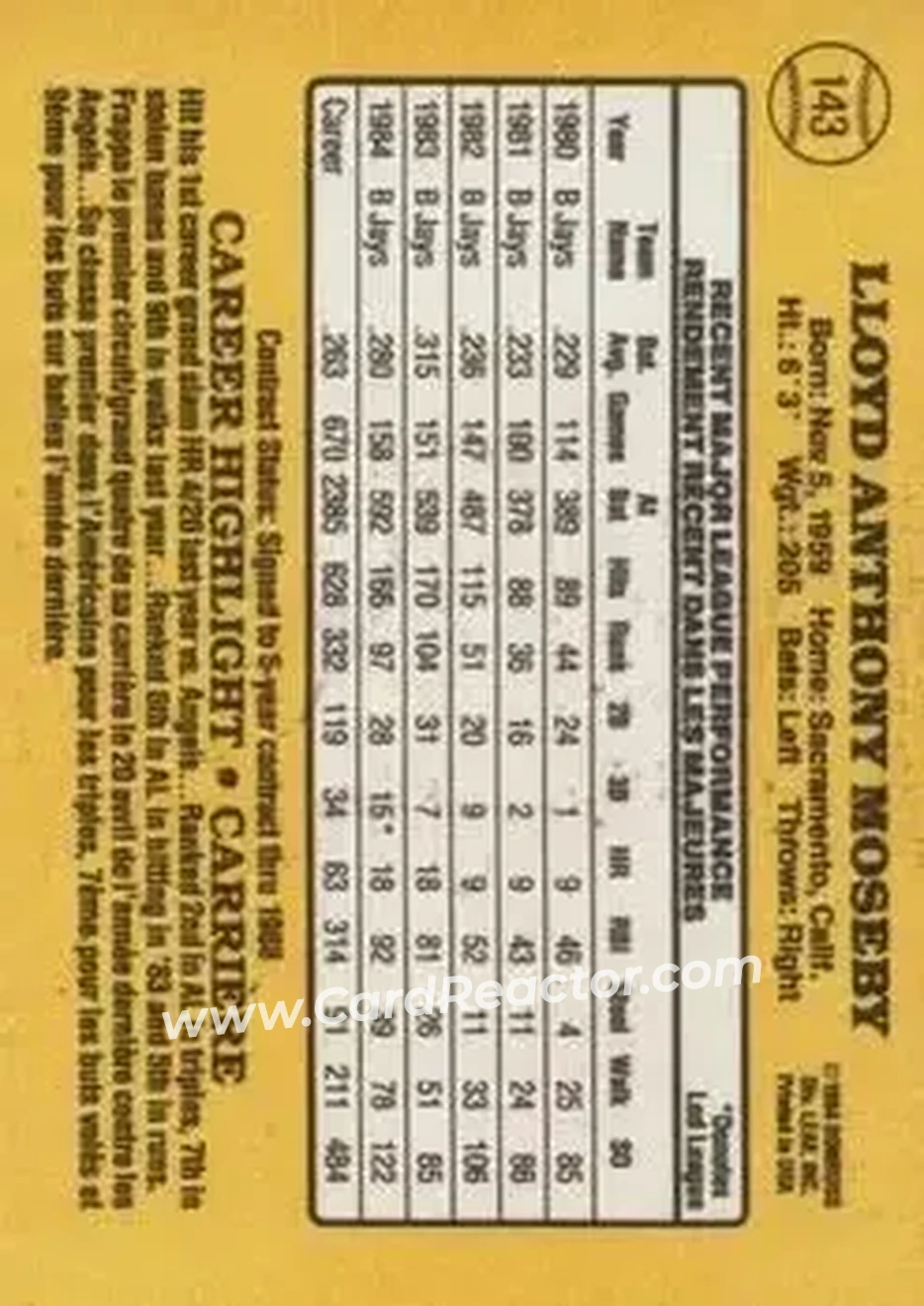 1985 Leaf #143 - Lloyd Moseby - Toronto Blue Jays - Back