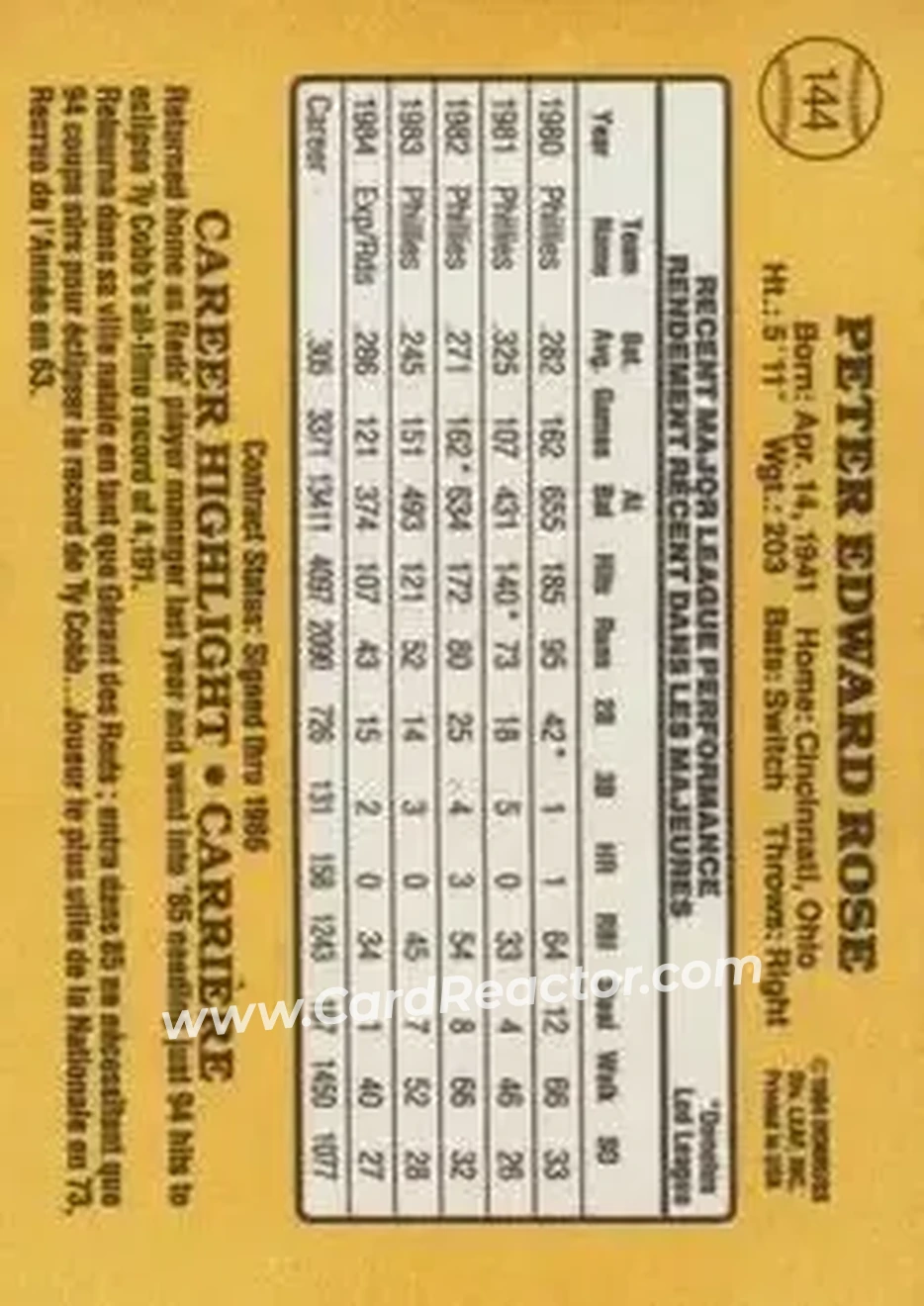 1985 Leaf #144 - Pete Rose - Cincinnati Reds - Back