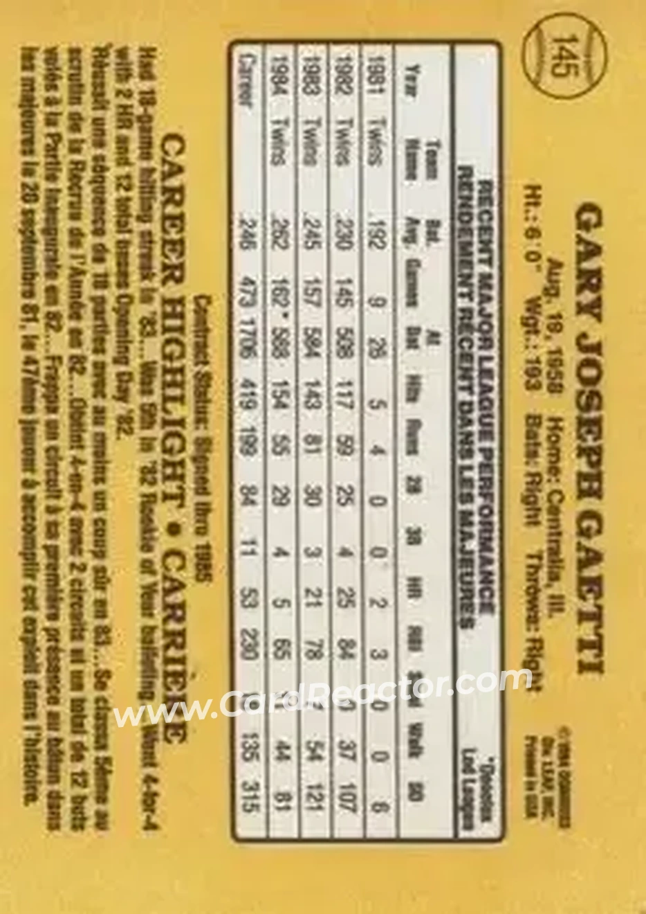 1985 Leaf #145 - Gary Gaetti - Minnesota Twins - Back